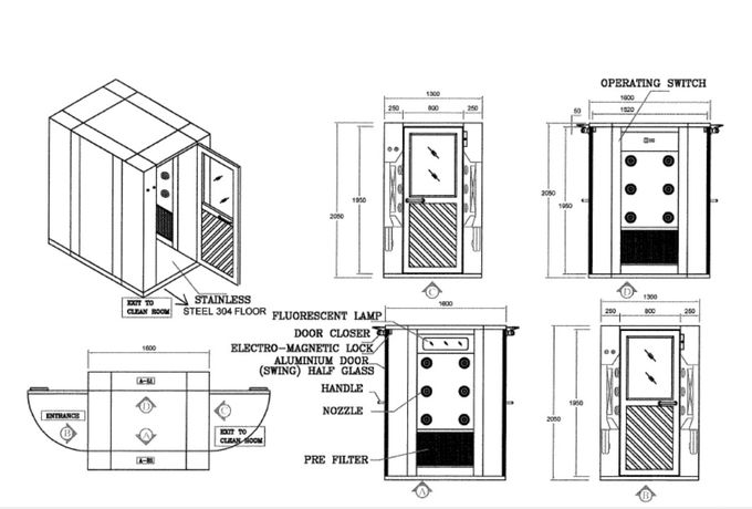 مسحوق المغلفة دش غرف الأبحاث الهواء، الغبار مجانية للغرفة مع واحدة ورقة الأبواب سوينغ 0