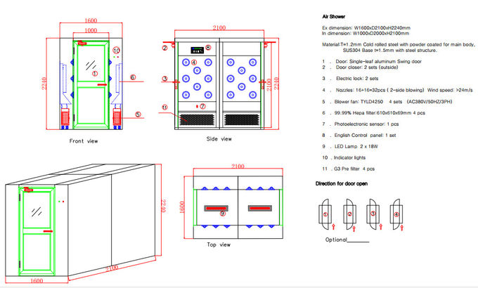 غرفة الاستحمام الهوائية / الشخصية المطلية بالمسحوق مع أبواب سوينغ أحادية الأوراق بعرض 1000 مم 0
