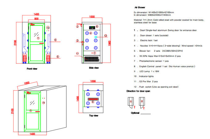 الاستحمام الهواء النظيف غرفة عمودي مع التحكم في الأبواب سوينغ الألومنيوم بواسطة لوحة تحكم IC 0