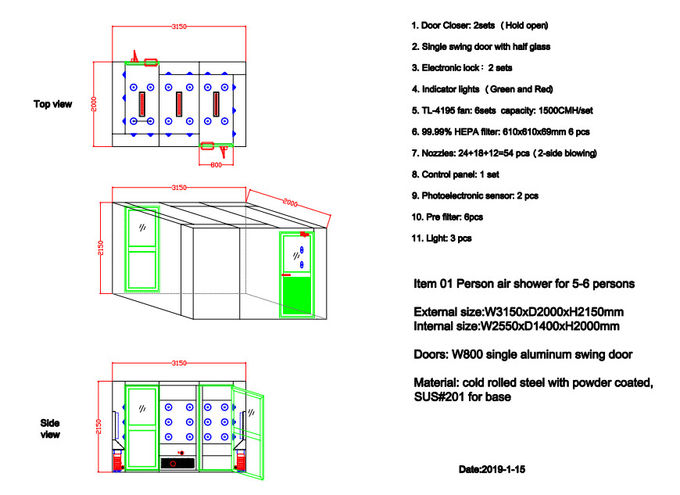 دش الهواء الزاوية نوع L مع أبواب سوينغ الألومنيوم لمدة 5-6 أشخاص فئة 1000 غرفة نظيفة في إندونيسيا 2